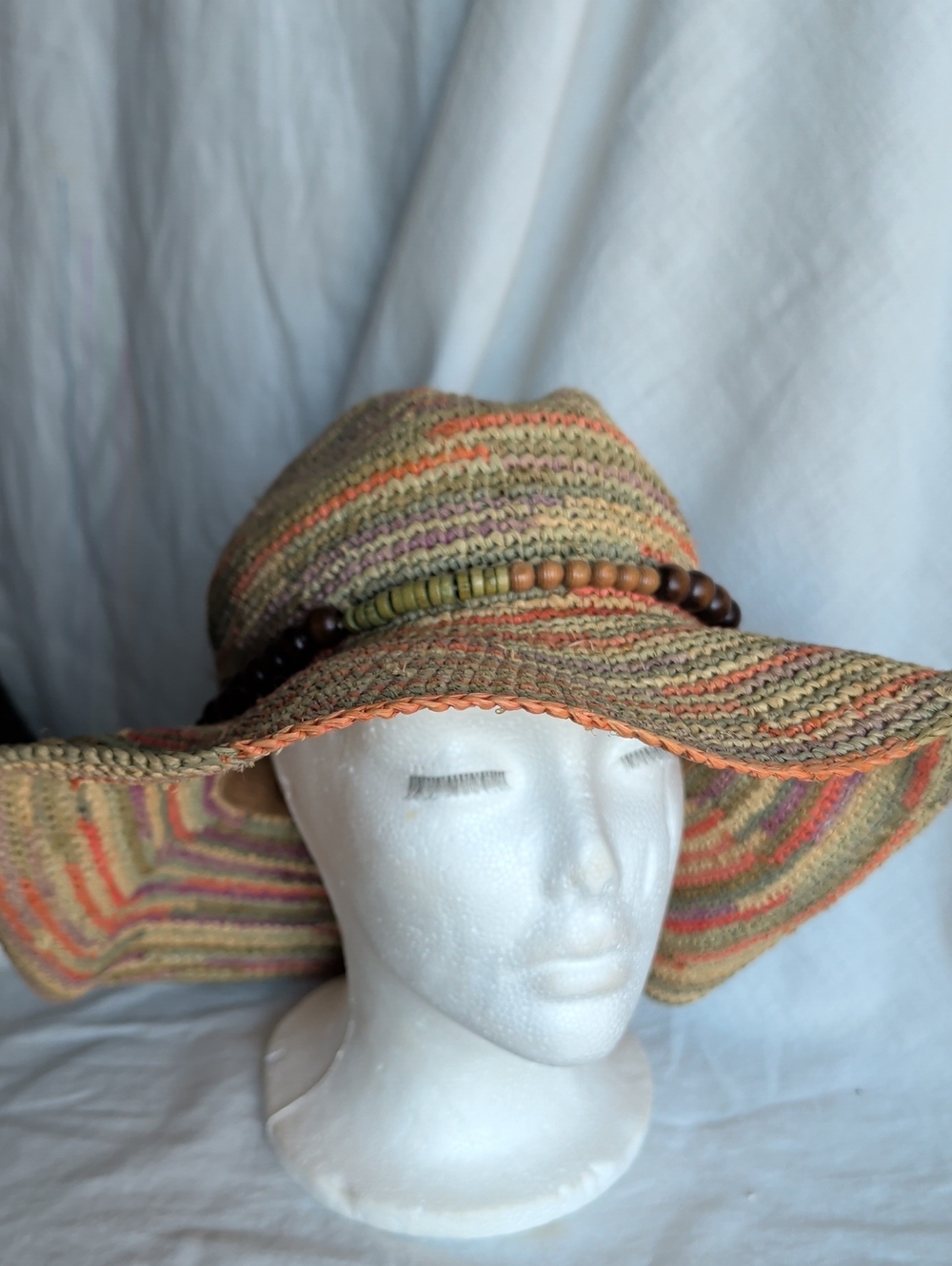 Hat Attack Multicolor Straw Sun Hat with Wooden Bead Band Vacation Resort Garden